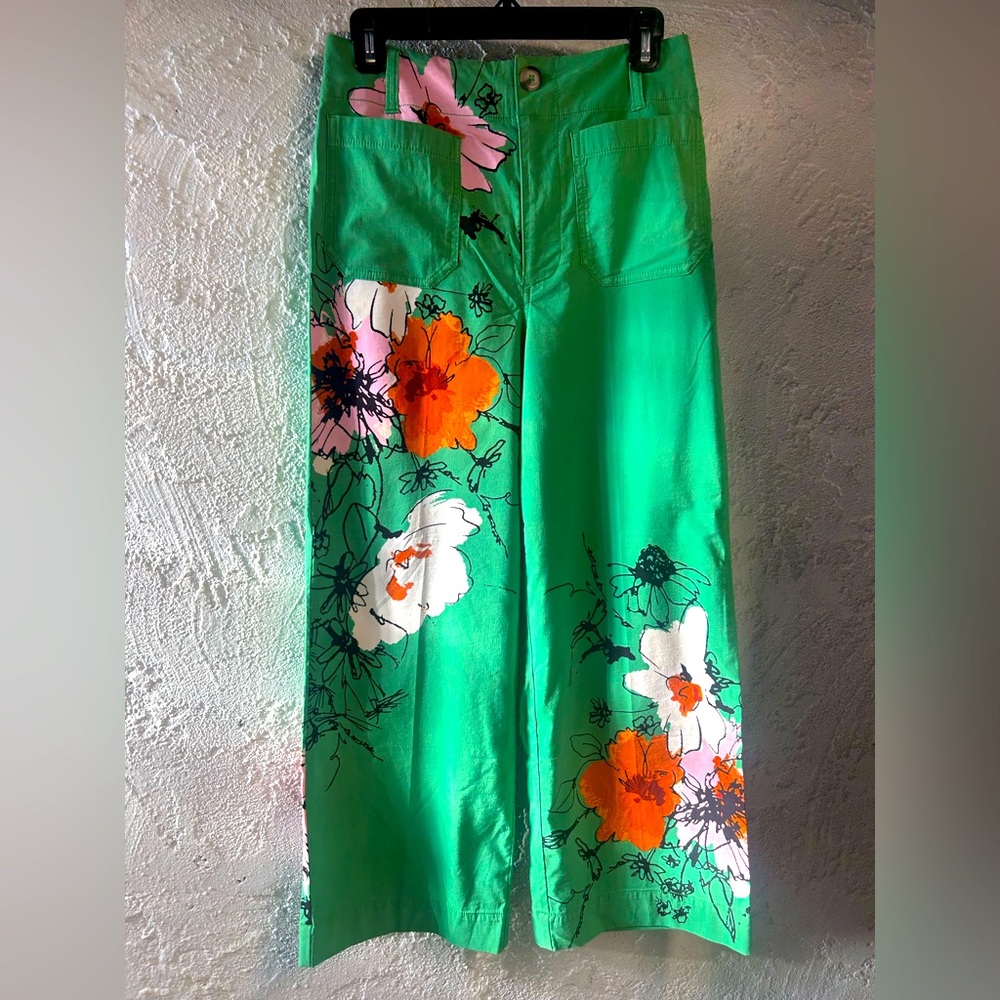 Anthropologie Bright green, pink orange print cotton pants